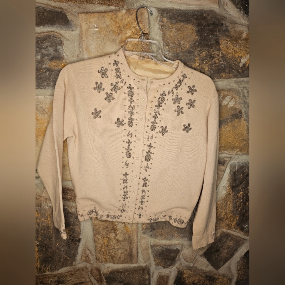 1940's heavily beaded front and back wool blend lined Cardigan